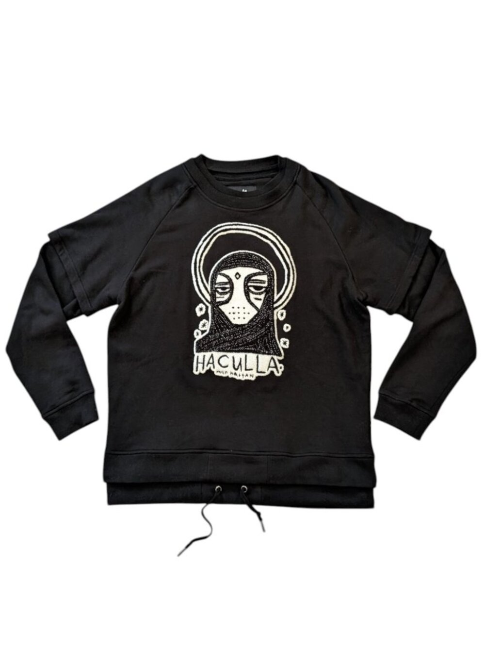 Haculla Manhattan NYC Weird Face Black Crewneck Sweatshirt Sz L Chenille Stitch